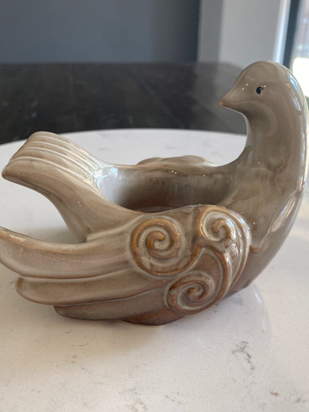 Vintage Ceramic Dove Bird Trinket Dish Candle Holder Drip Glaze Scroll Design